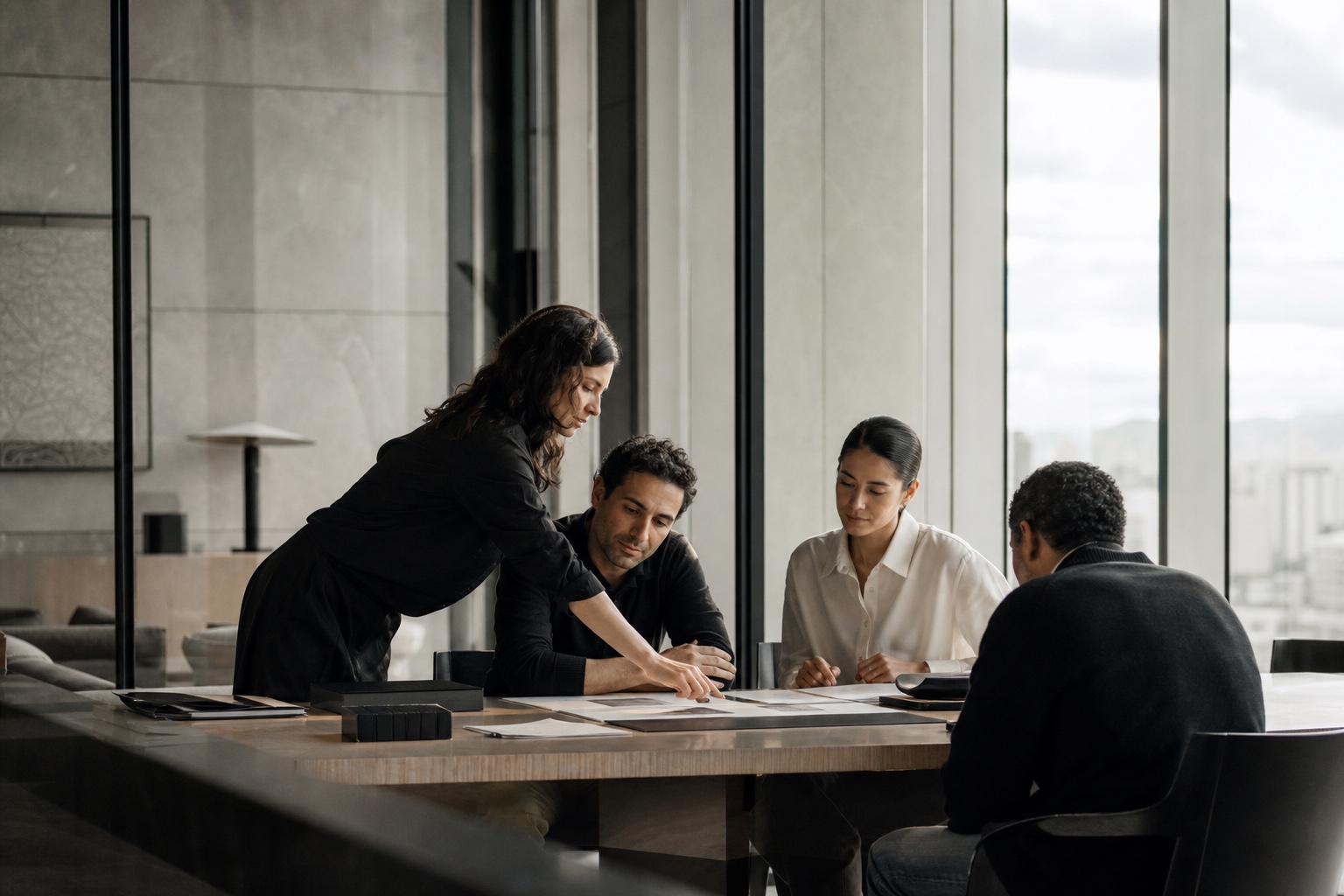 Executivos colaborando em um ambiente de trabalho contemporâneo